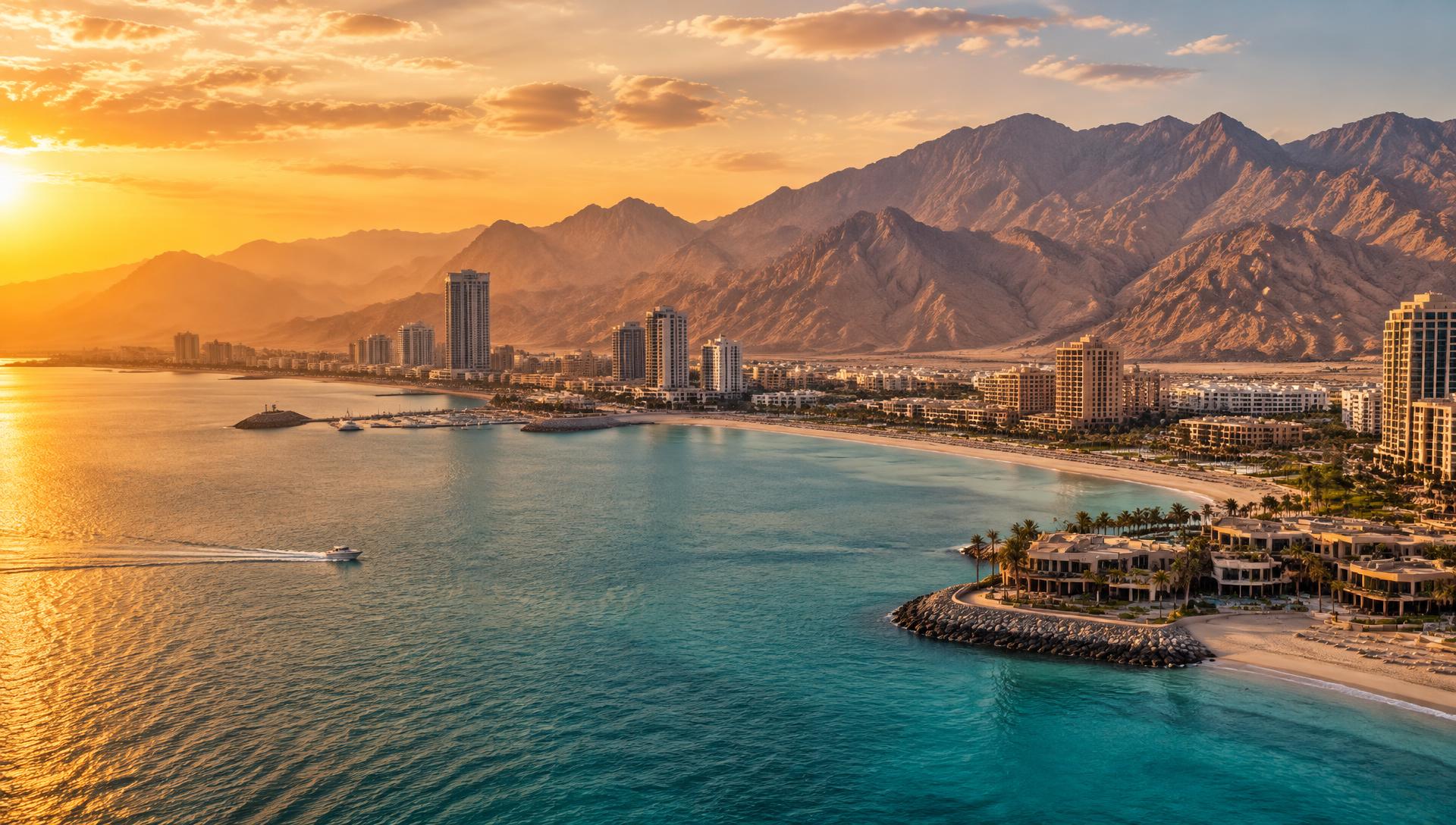 Ras Al Khaimah coastline and mountains at sunset